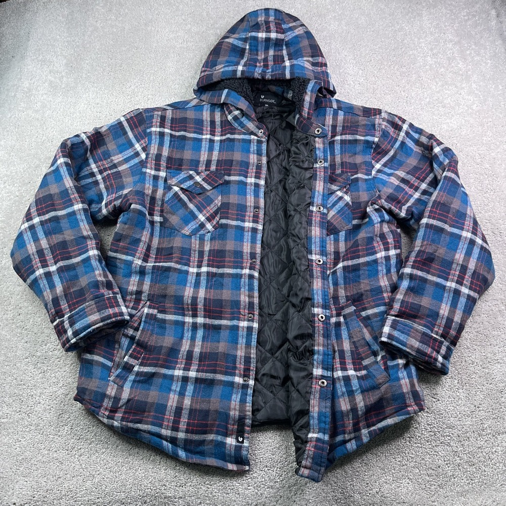 Burnside Shirt Jacket Mens 2XL Blue Plaid Quilted‎ Lined Hooded Flannel Shacket